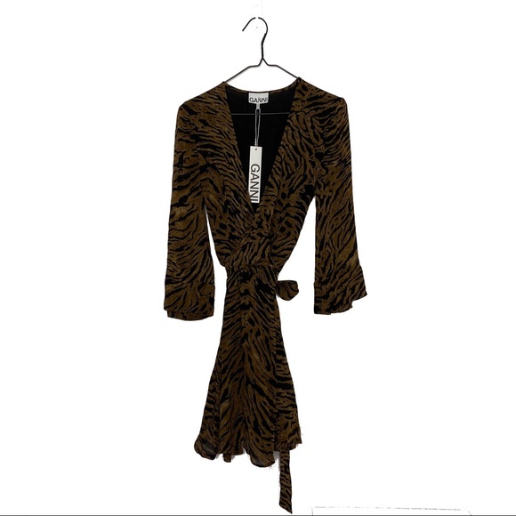 NEW Ganni Tiger Printed Georgette Mini Dress - Picture 5 of 12